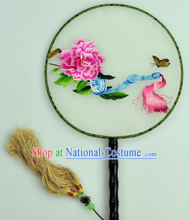 Chinese Traditional Embroidered Peony Silk Fans Craft Handmade Su Embroidery Palace Fan Round Fan