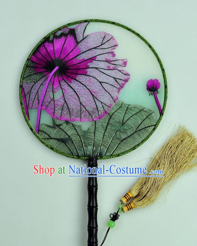 Chinese Traditional Embroidered Lotus Leaf Silk Fans Craft Handmade Su Embroidery Palace Fan Round Fan