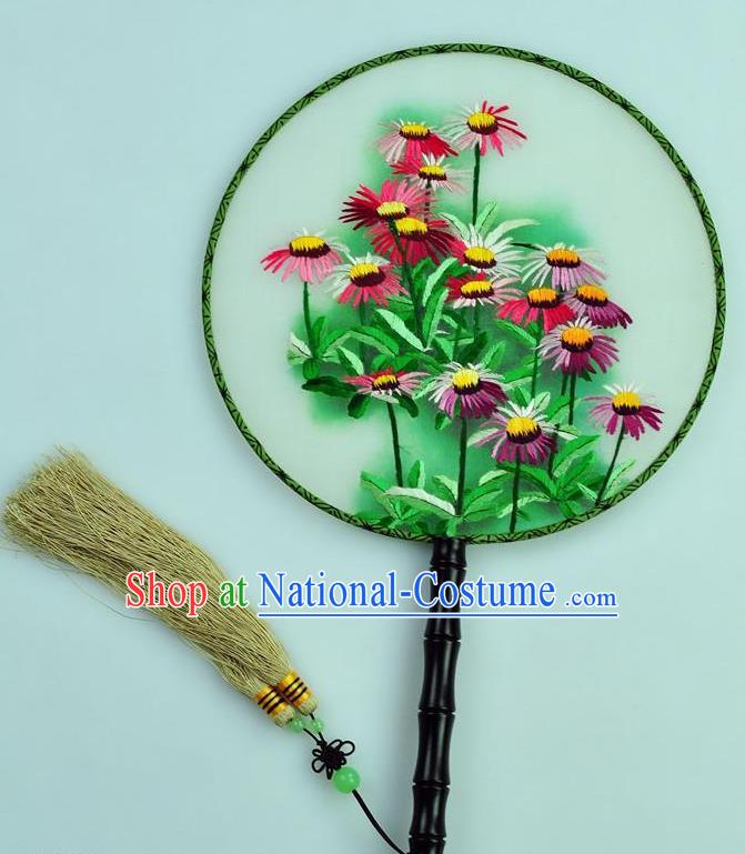 Chinese Traditional Embroidered Daisy Silk Fans Craft Handmade Su Embroidery Palace Fan Round Fan