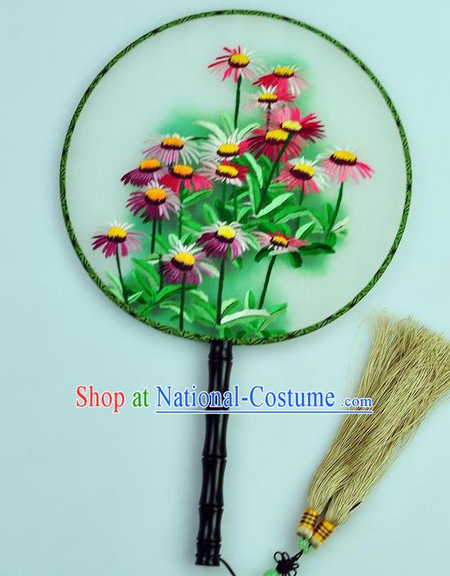 Chinese Traditional Embroidered Daisy Silk Fans Craft Handmade Su Embroidery Palace Fan Round Fan