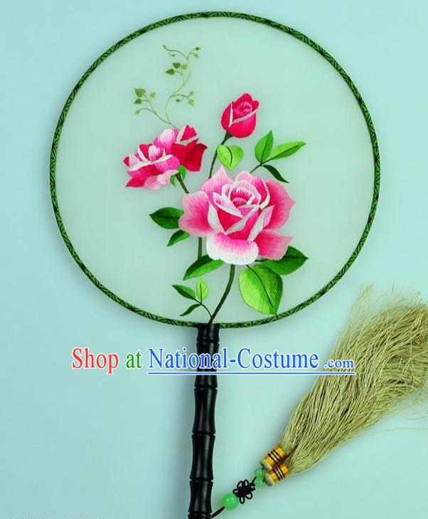 Chinese Traditional Embroidered Roses Silk Fans Craft Handmade Su Embroidery Palace Fan Round Fan