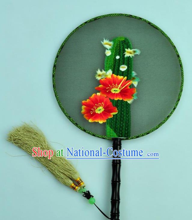 Chinese Traditional Embroidered Cactus Silk Fans Craft Handmade Su Embroidery Flowers Palace Fan Round Fan