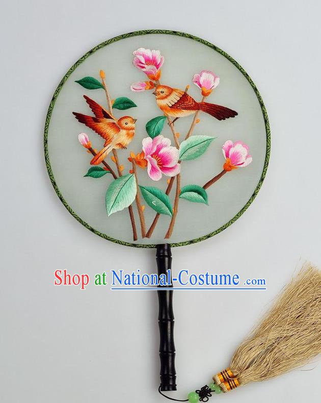 Chinese Traditional Embroidered Silk Fans Craft Handmade Su Embroidery Flowers Birds Palace Fan Round Fan