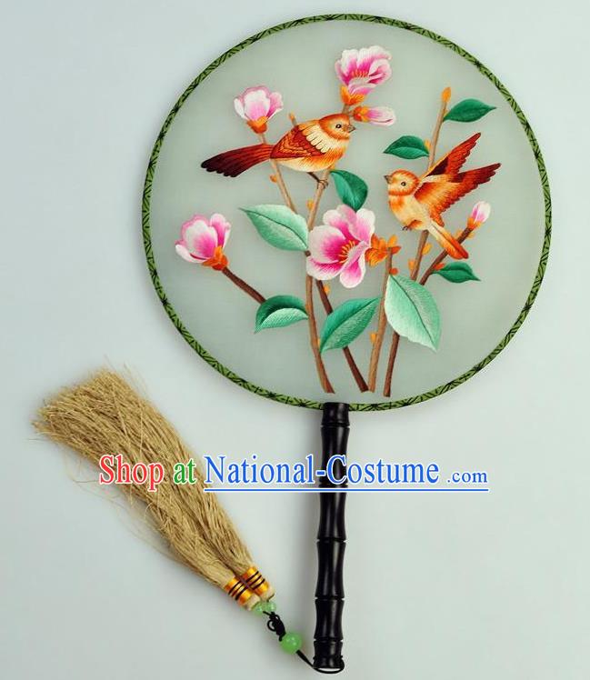 Chinese Traditional Embroidered Silk Fans Craft Handmade Su Embroidery Flowers Birds Palace Fan Round Fan