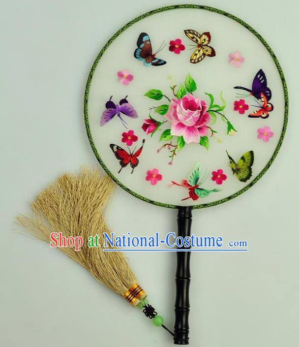 Chinese Traditional Embroidered Butterfly Silk Fans Craft Handmade Su Embroidery Rose Palace Fan Round Fan