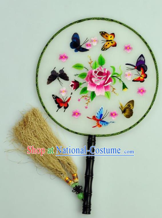 Chinese Traditional Embroidered Butterfly Silk Fans Craft Handmade Su Embroidery Rose Palace Fan Round Fan