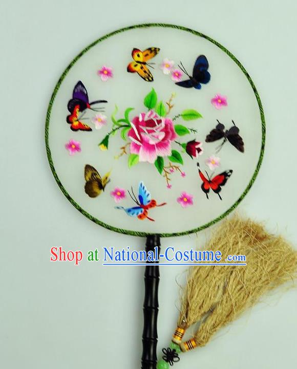 Chinese Traditional Embroidered Butterfly Silk Fans Craft Handmade Su Embroidery Rose Palace Fan Round Fan