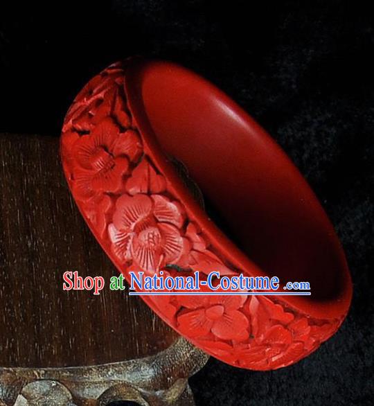 Traditional Chinese Handmade Wood Bracelet Lacquerware Carving Flowers Bangle Craft