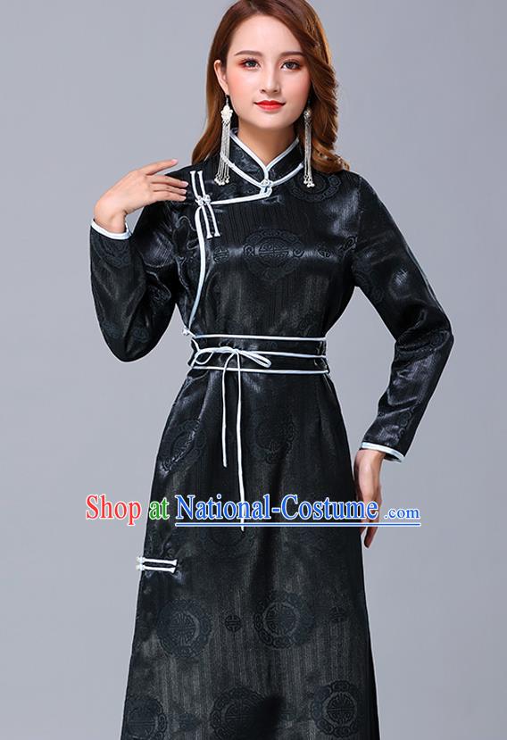 Chinese Traditional Mongolian Nationality Dark Green Satin Dress Mongol Ethnic Stage Show Costume for Women