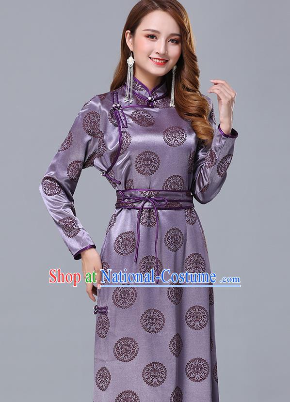 Chinese Traditional Mongolian Nationality Violet Satin Dress Mongol Ethnic Stage Show Costume for Women