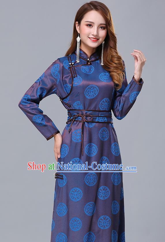 Chinese Traditional Mongolian Nationality Blue Satin Dress Mongol Ethnic Stage Show Costume for Women