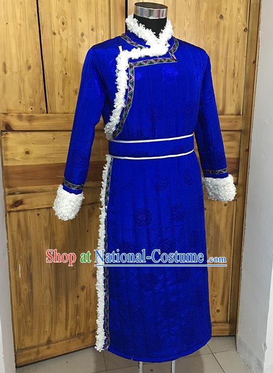 Chinese Mongolian Nationality Winter Garment Traditional Mongol Ethnic Minority Costume Royalblue Cotton Wadded Robe for Men