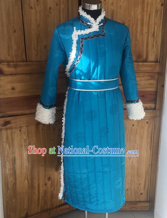 Chinese Mongolian Nationality Winter Garment Traditional Mongol Ethnic Minority Costume Blue Cotton Wadded Robe for Men