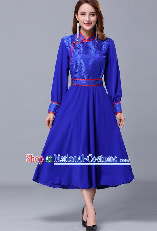 Chinese Traditional Mongolian Nationality Royalblue Dress Minority Garment Mongol Ethnic Stand Collar Costume for Women