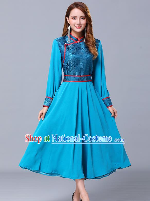 Chinese Traditional Mongolian Nationality Blue Dress Minority Garment Mongol Ethnic Stand Collar Costume for Women