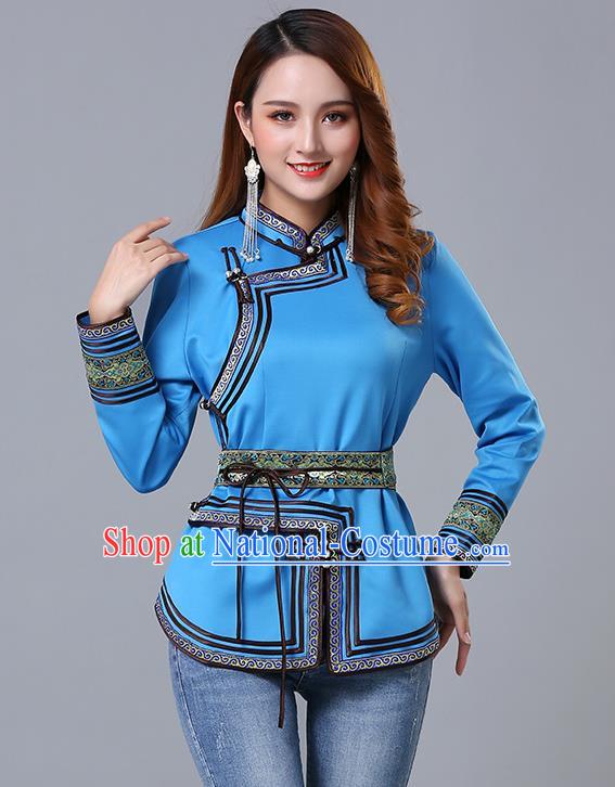 Chinese Traditional Blue Satin Blouse Mongol Ethnic Nationality Costume Mongolian Minority Upper Outer Garment for Women