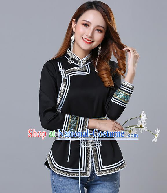 Chinese Traditional Black Satin Blouse Mongol Ethnic Nationality Costume Mongolian Minority Upper Outer Garment for Women