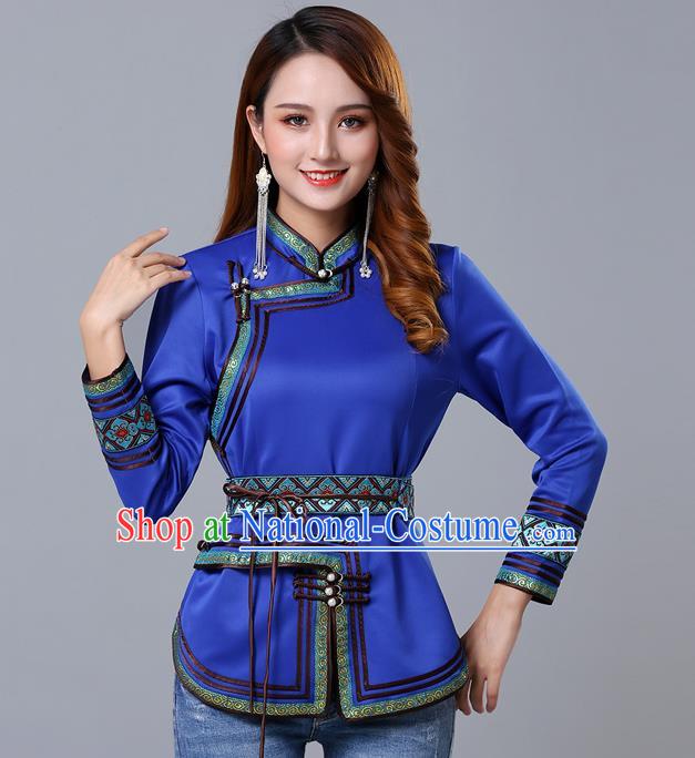 Chinese Traditional Royalblue Satin Blouse Mongol Ethnic Nationality Costume Mongolian Minority Upper Outer Garment for Women