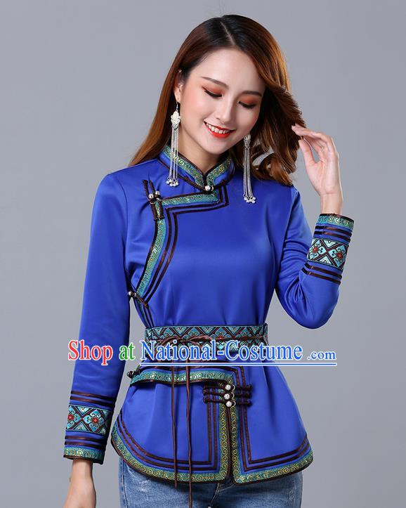 Chinese Traditional Royalblue Satin Blouse Mongol Ethnic Nationality Costume Mongolian Minority Upper Outer Garment for Women