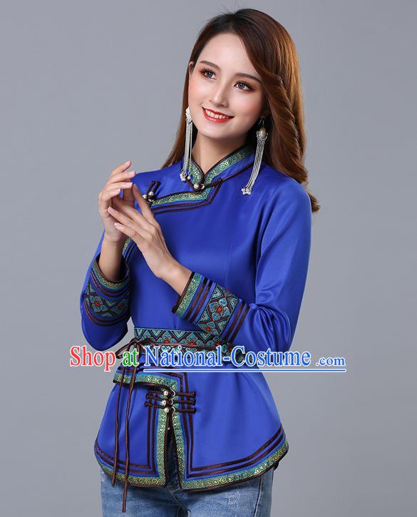 Chinese Traditional Royalblue Satin Blouse Mongol Ethnic Nationality Costume Mongolian Minority Upper Outer Garment for Women