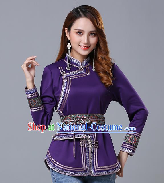 Chinese Traditional Purple Satin Blouse Mongol Ethnic Nationality Costume Mongolian Minority Upper Outer Garment for Women