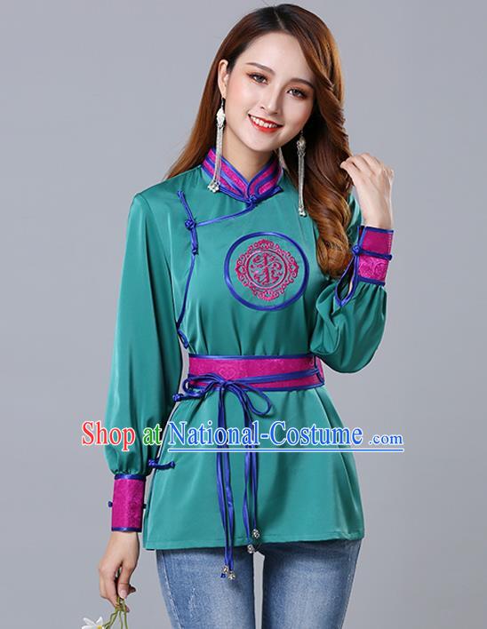 Chinese Traditional Mongolian Minority Green Satin Blouse Mongol Ethnic Nationality Upper Outer Garment Costume for Women