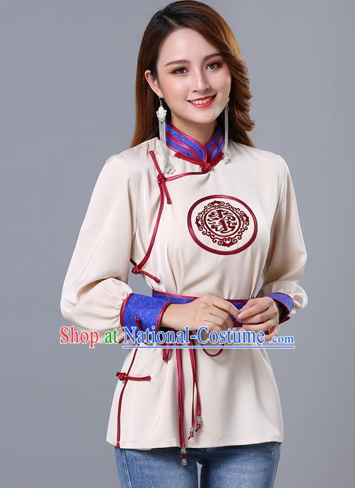 Chinese Traditional Mongolian Minority Beige Satin Blouse Mongol Ethnic Nationality Upper Outer Garment Costume for Women