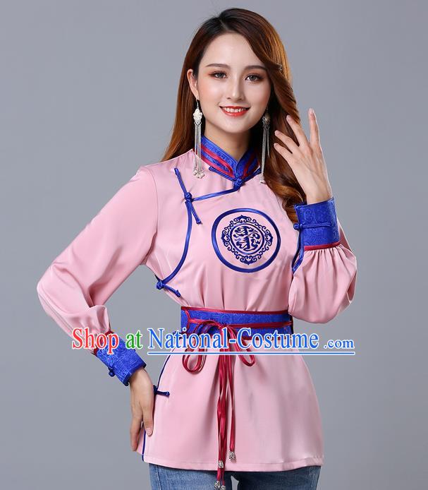 Chinese Traditional Mongolian Minority Pink Satin Blouse Mongol Ethnic Nationality Upper Outer Garment Costume for Women