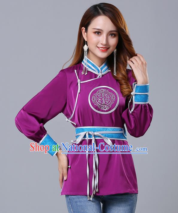 Chinese Traditional Mongolian Minority Purple Satin Blouse Mongol Ethnic Nationality Upper Outer Garment Costume for Women