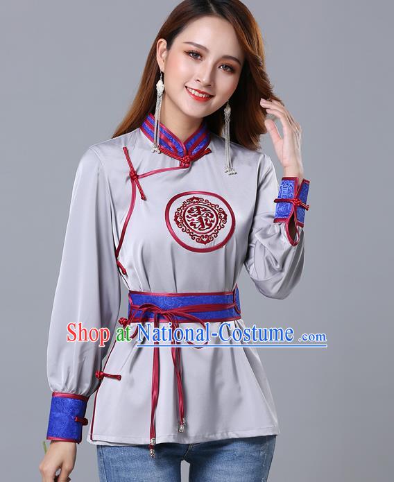 Chinese Traditional Mongolian Minority Grey Satin Blouse Mongol Ethnic Nationality Upper Outer Garment Costume for Women