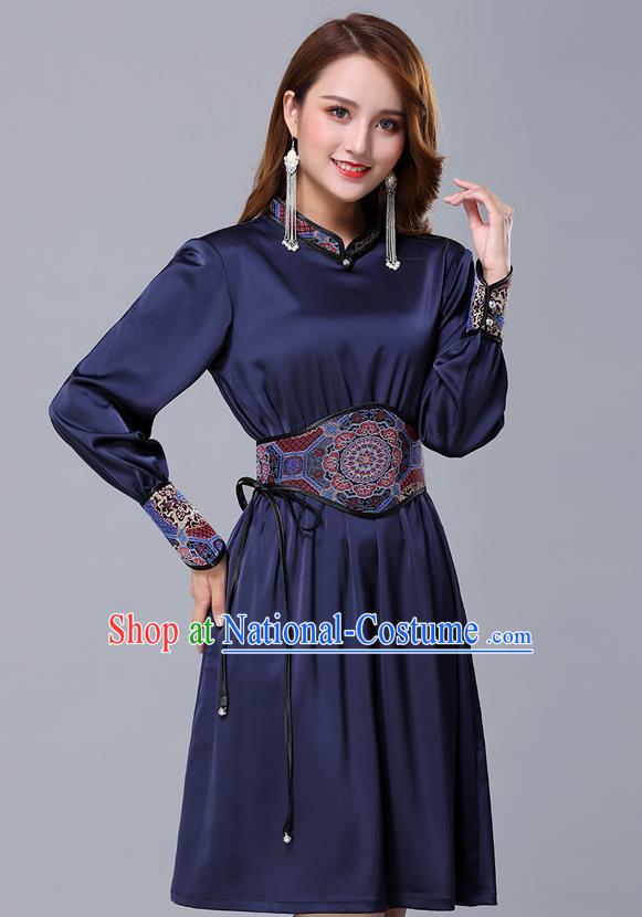 Chinese Traditional Mongolian Embroidered Navy Short Dress Minority Garment Mongol Ethnic Nationality Stand Collar Costume for Women