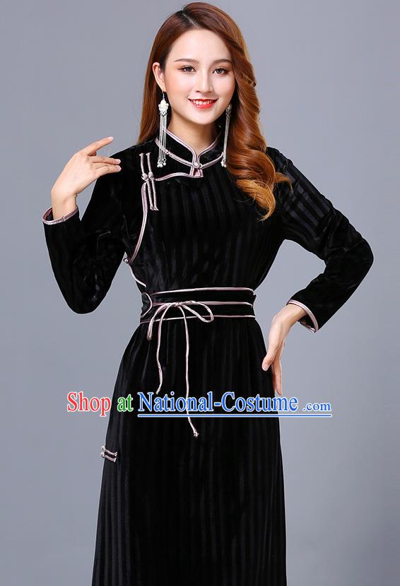 Chinese Mongol Ethnic Nationality Black Pleuche Dress Traditional Mongolian Minority Garment Costume for Women