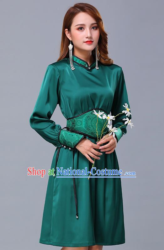 Chinese Traditional Mongolian Embroidered Green Short Dress Minority Garment Mongol Ethnic Nationality Stand Collar Costume for Women