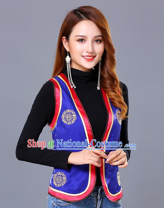 Chinese Mongol Ethnic Nationality Royalblue Satin Vest Traditional Mongolian Minority Garment Waistcoat Costume for Women