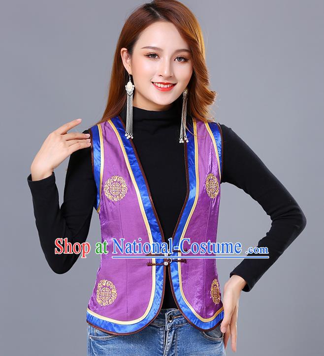 Chinese Mongol Ethnic Nationality Purple Satin Vest Traditional Mongolian Minority Garment Waistcoat Costume for Women