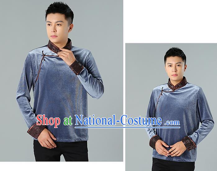 Chinese Mongolian Nationality Upper Outer Garment Traditional Mongol Ethnic Minority Costume Grey Pleuche Shirt for Men