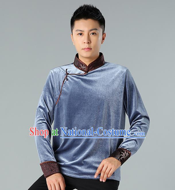 Chinese Mongolian Nationality Upper Outer Garment Traditional Mongol Ethnic Minority Costume Grey Pleuche Shirt for Men