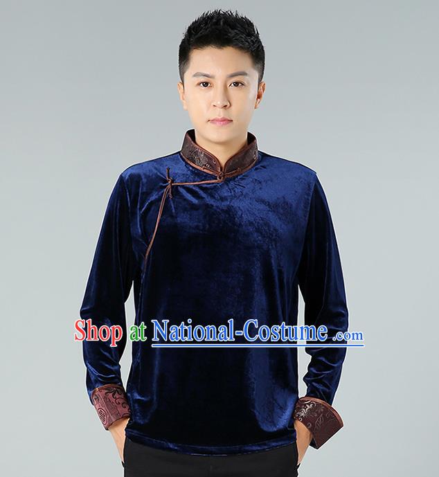 Chinese Mongolian Nationality Upper Outer Garment Traditional Mongol Ethnic Minority Costume Deep Blue Pleuche Shirt for Men