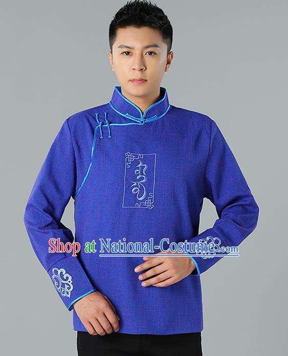 Chinese Mongolian Nationality Blue Linen Upper Outer Garment Traditional Mongol Ethnic Minority Shirt Costume for Men