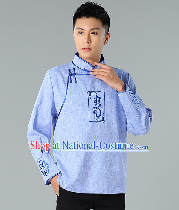 Chinese Mongolian Nationality Light Blue Linen Upper Outer Garment Traditional Mongol Ethnic Minority Shirt Costume for Men