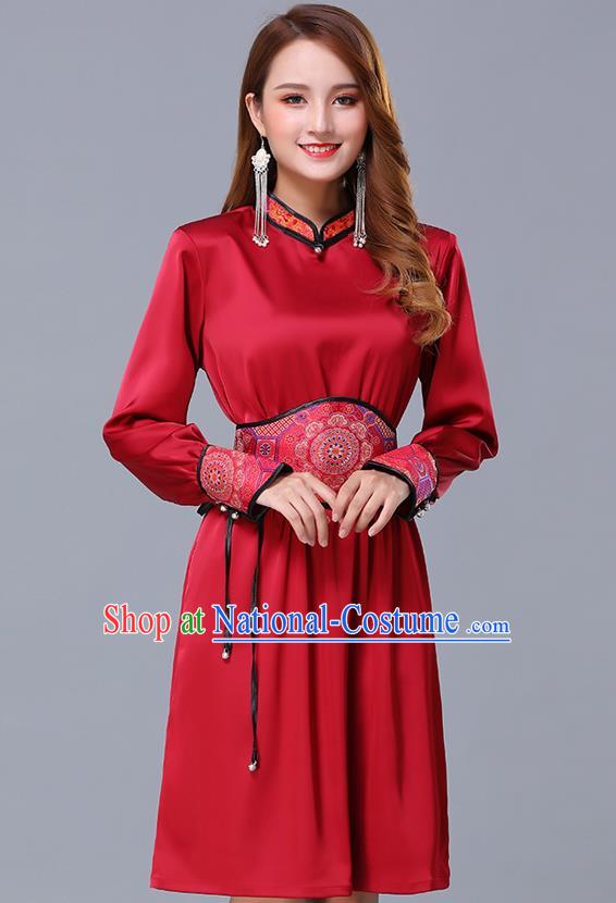 Chinese Traditional Mongolian Embroidered Red Short Dress Minority Garment Mongol Ethnic Nationality Stand Collar Costume for Women