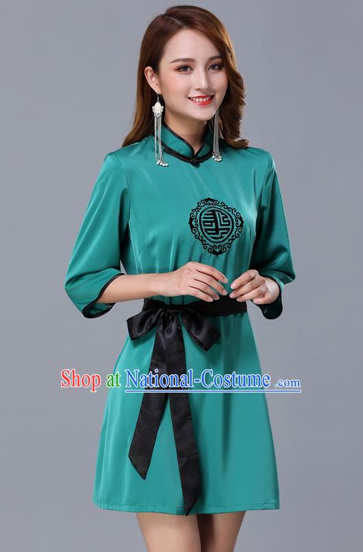 Chinese Traditional National Green Short Dress Mongolian Minority Garment Mongol Ethnic Nationality Costume for Women