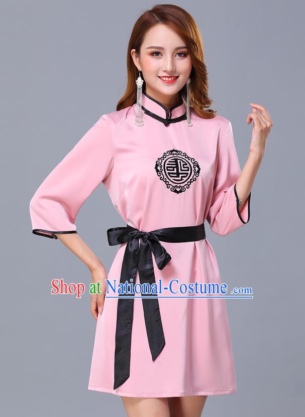 Chinese Traditional National Pink Short Dress Mongolian Minority Garment Mongol Ethnic Nationality Costume for Women