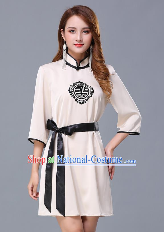 Chinese Traditional National Beige Short Dress Mongolian Minority Garment Mongol Ethnic Nationality Costume for Women