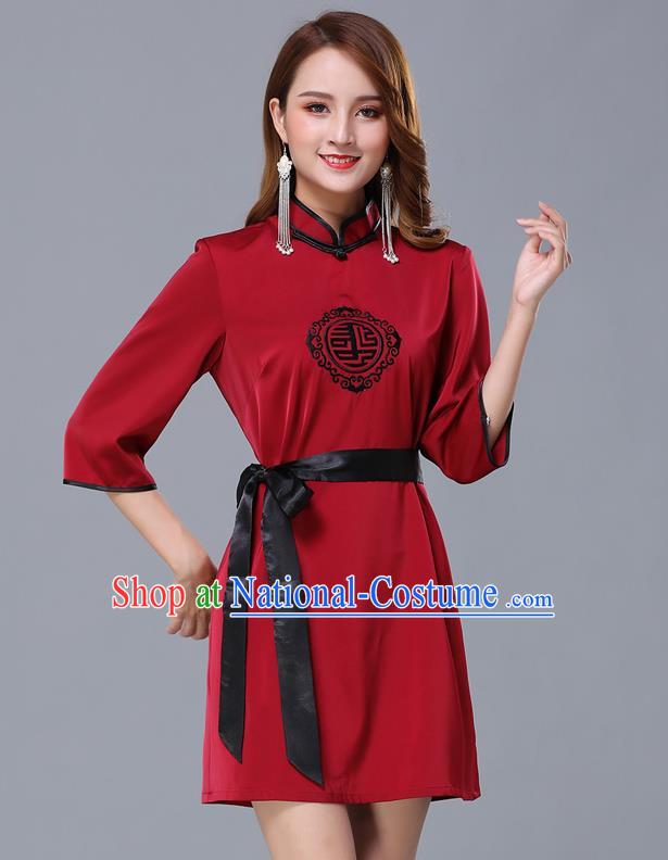 Chinese Traditional National Wine Red Short Dress Mongolian Minority Garment Mongol Ethnic Nationality Costume for Women