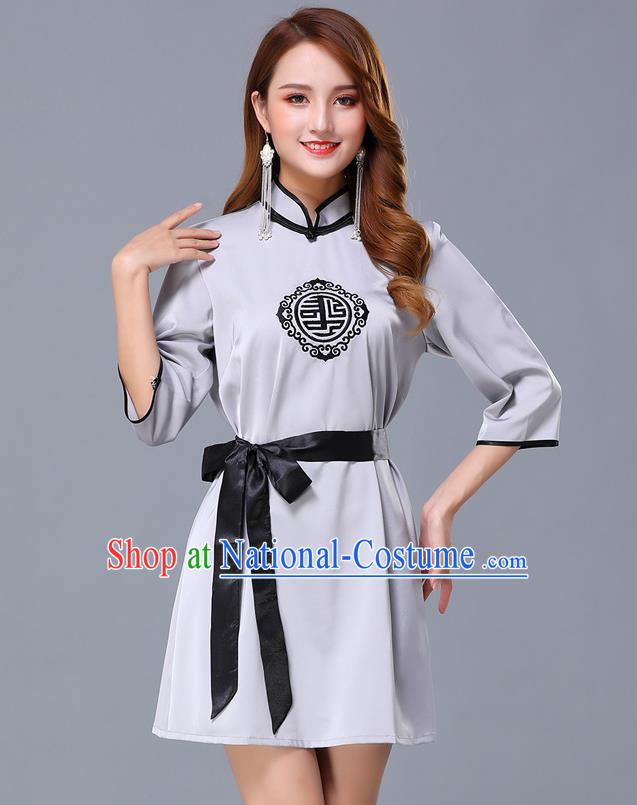 Chinese Traditional National Grey Short Dress Mongolian Minority Garment Mongol Ethnic Nationality Costume for Women