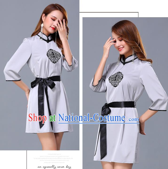 Chinese Traditional National Grey Short Dress Mongolian Minority Garment Mongol Ethnic Nationality Costume for Women