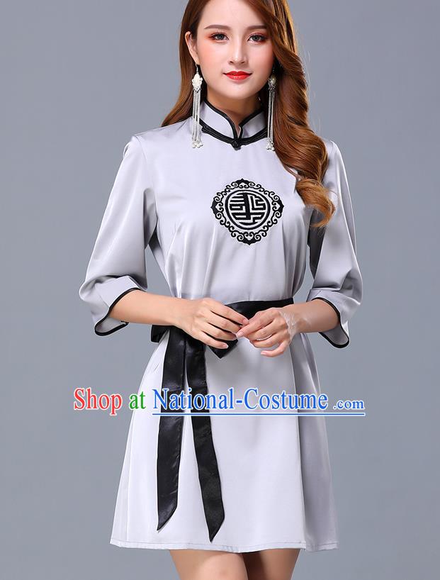 Chinese Traditional National Grey Short Dress Mongolian Minority Garment Mongol Ethnic Nationality Costume for Women