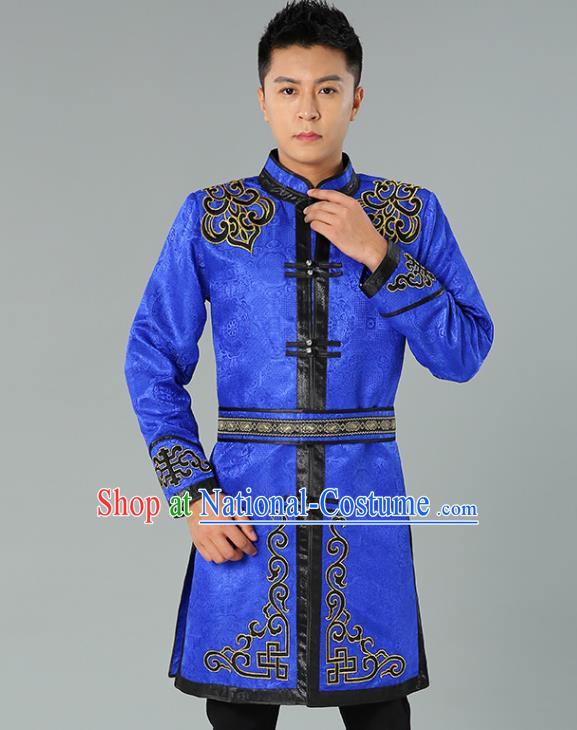 Chinese Mongol Nationality Coat Garment Traditional Ethnic Minority Costume Royalblue Mongolian Robe for Men