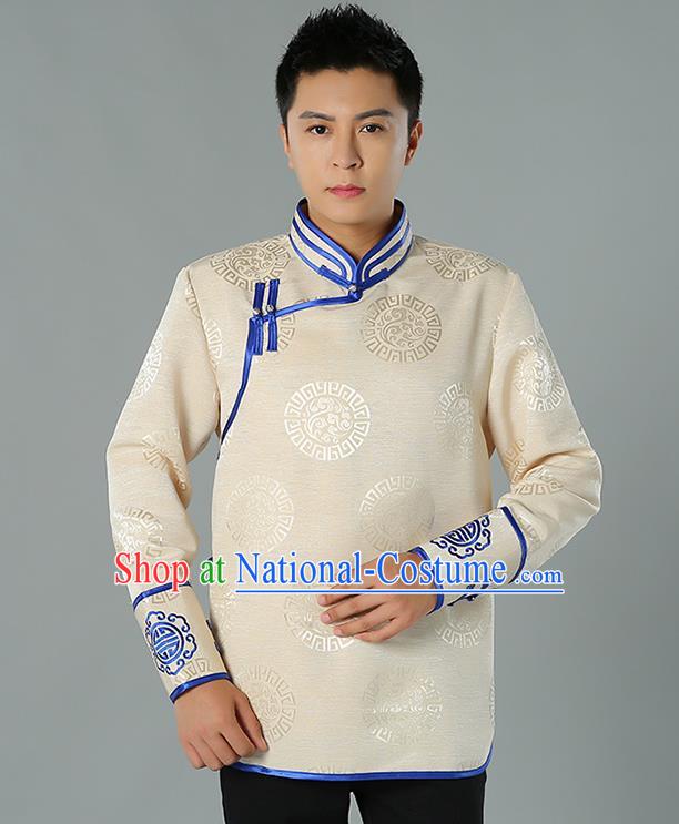 Chinese Mongol Nationality Upper Outer Garment Traditional Ethnic Minority Costume Beige Jacket for Men